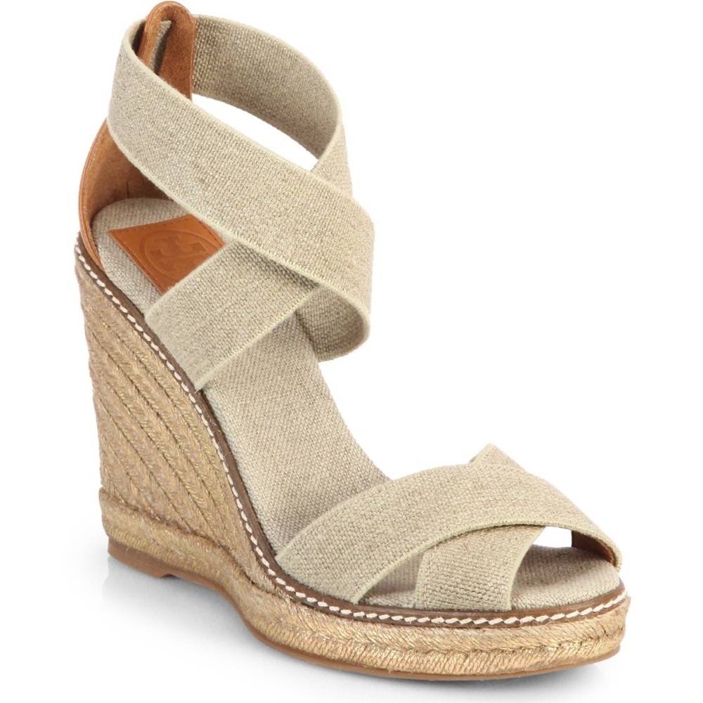 PRE-OWNED Tory Burch Nat. Adonis Crisscross Esp. Wedge Sandals Sz 7B